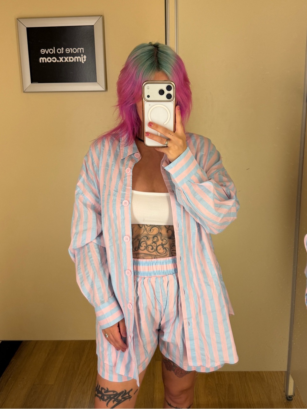 Pastel Pink & Blue Striped Button-Up Shirt and shorts 2 piece set Excellent